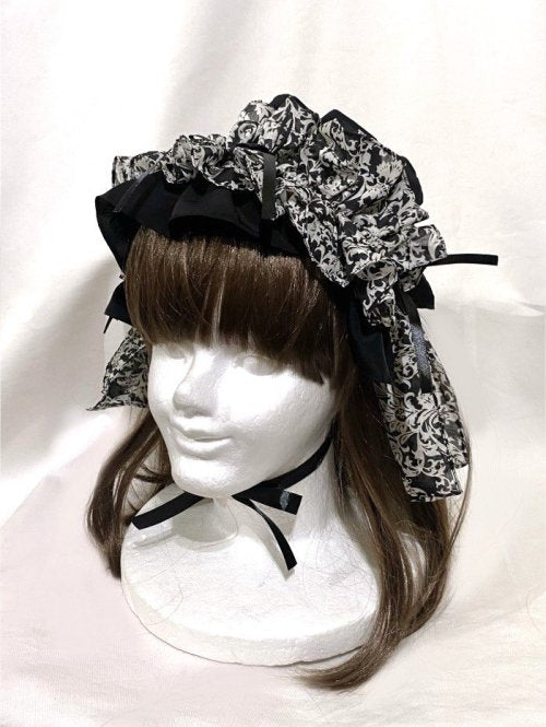 【MARBLE】マーブル ボリュームフリルフェミニンヘッドドレス:黒×黒地白柄×黒バラ