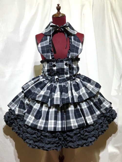 【MARBLE】マーブル ラウンド衿付きコルセット型ワンピース:白黒グレー紫ラインチェック×グレーフリル