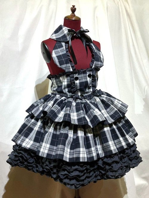 【MARBLE】マーブル ラウンド衿付きコルセット型ワンピース:白黒グレー紫ラインチェック×グレーフリル