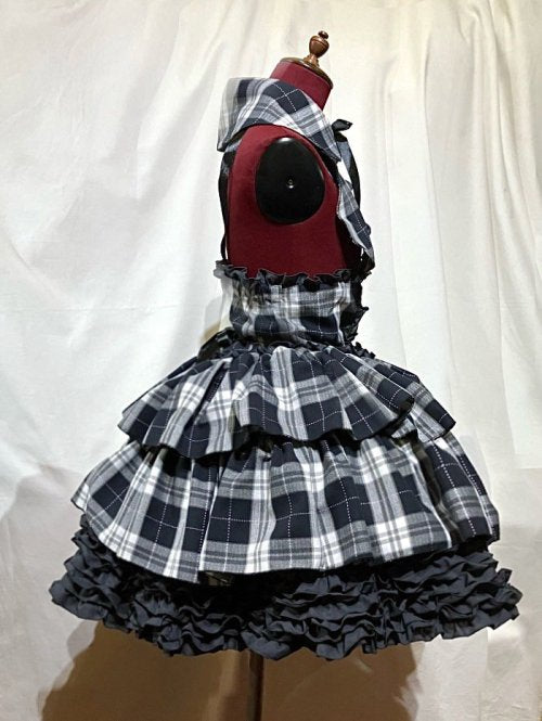 【MARBLE】マーブル ラウンド衿付きコルセット型ワンピース:白黒グレー紫ラインチェック×グレーフリル