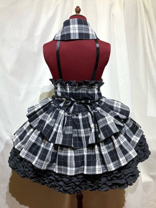 【MARBLE】マーブル ラウンド衿付きコルセット型ワンピース:白黒グレー紫ラインチェック×グレーフリル