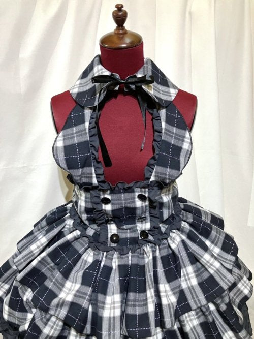 【MARBLE】マーブル ラウンド衿付きコルセット型ワンピース:白黒グレー紫ラインチェック×グレーフリル