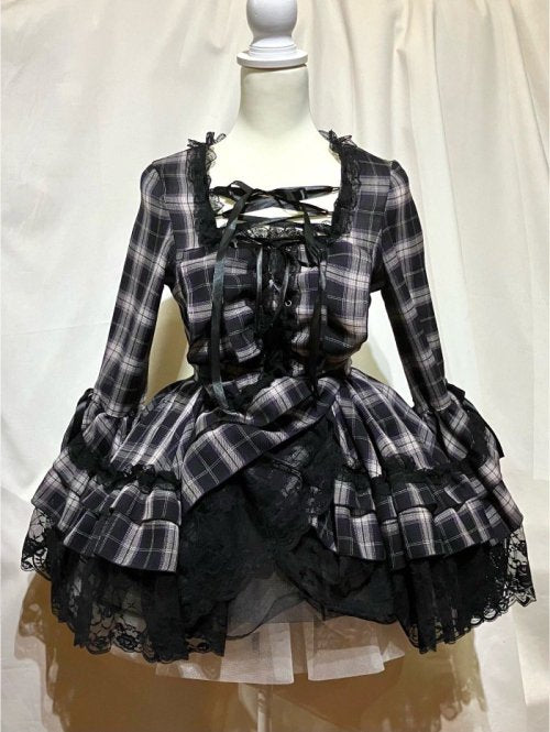 【MARBLE】マーブル 編み上げ総フリルドレスワンピース:紺紫チェック×黒レース