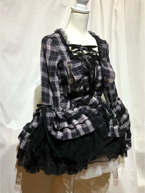 【MARBLE】マーブル 編み上げ総フリルドレスワンピース:紺紫チェック×黒レース