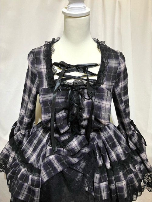 【MARBLE】マーブル 編み上げ総フリルドレスワンピース:紺紫チェック×黒レース