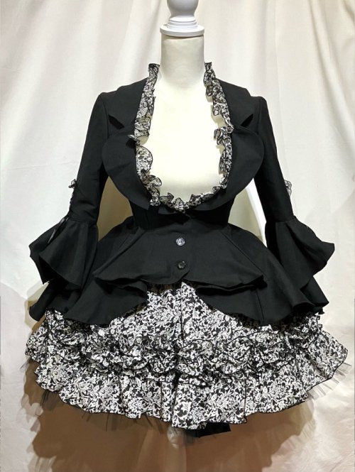 【MARBLE】マーブル フレアドレープテーラードジャケット+レイヤードフリルスカート:黒×黒地白ゴシック柄フリル×黒レース (黒地白ゴシック柄スカート)