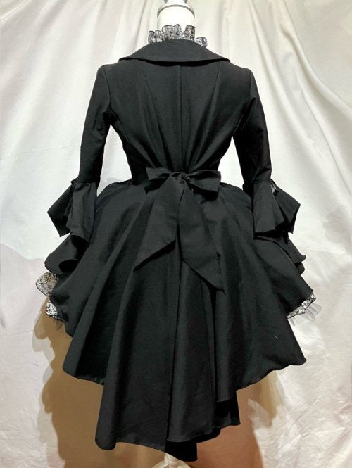 【MARBLE】マーブル フレアドレープテーラードジャケット+レイヤードフリルスカート:黒×黒地白ゴシック柄フリル×黒レース (黒地白ゴシック柄スカート)