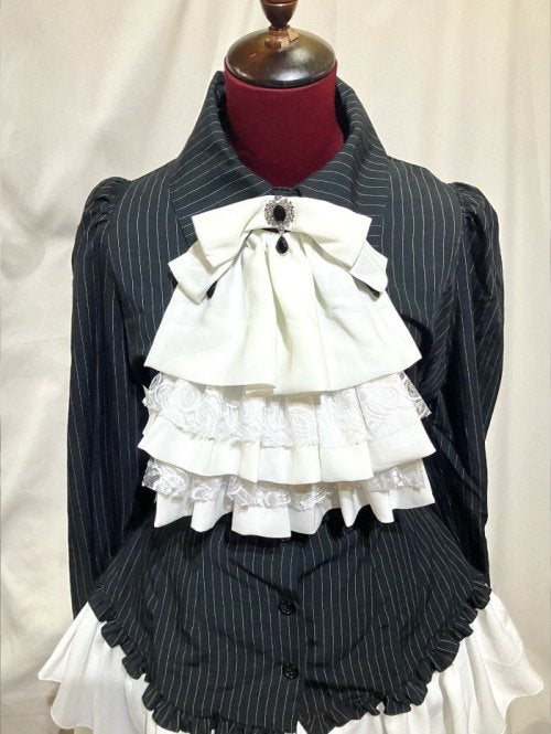 【MARBLE】マーブル タイ付きドレープ飾りゴシックエレガンスブラウスワンピース:黒白ストライプ×白フリル