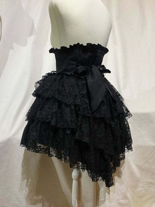 【MARBLE】マーブル ハイウエスト編み上げスパイラルフリルスカート:黒×黒レースフリル