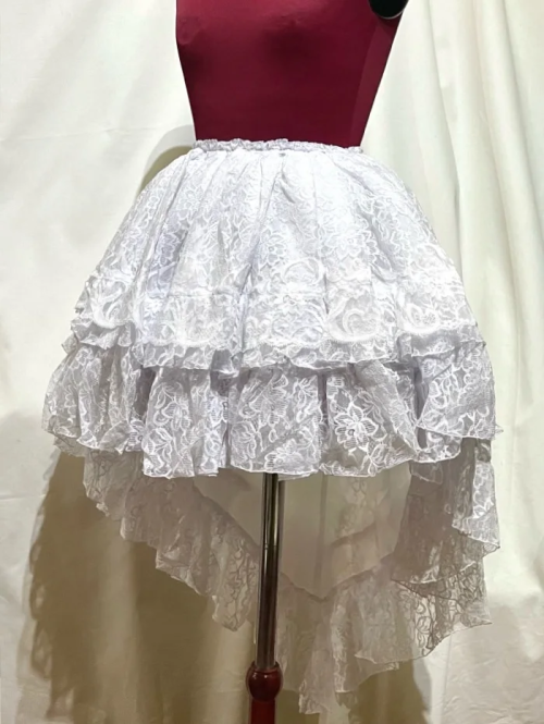 【MARBLE】マーブル 前短・後長V字フリル重ねレース付きスカート:白レース×白レース
