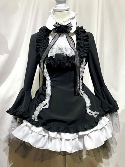 【MARBLE】マーブル リボンデコレーション・クラシックタイ付きサイドタックドレスワンピース:黒白×白レース