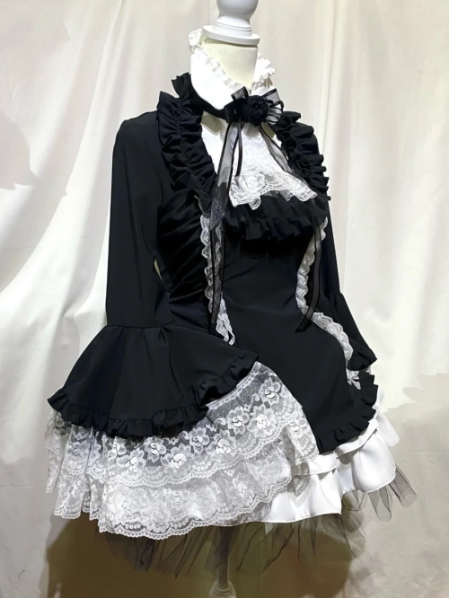 【MARBLE】マーブル リボンデコレーション・クラシックタイ付きサイドタックドレスワンピース:黒白×白レース