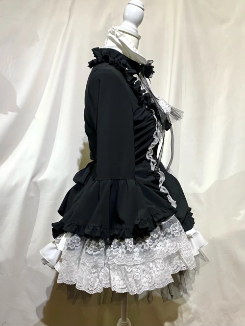 【MARBLE】マーブル リボンデコレーション・クラシックタイ付きサイドタックドレスワンピース:黒白×白レース