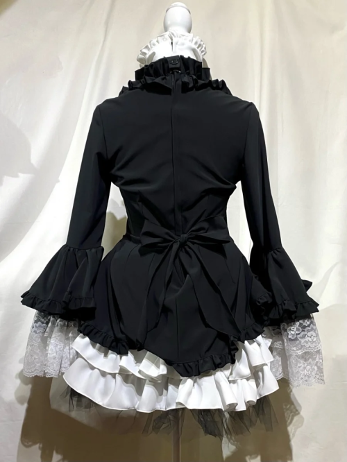 【MARBLE】マーブル リボンデコレーション・クラシックタイ付きサイドタックドレスワンピース:黒白×白レース