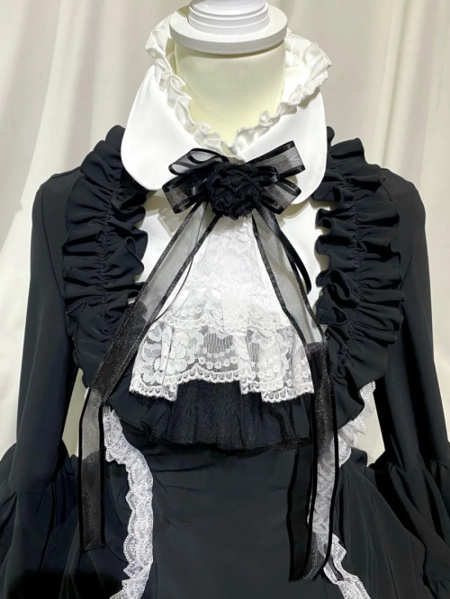 【MARBLE】マーブル リボンデコレーション・クラシックタイ付きサイドタックドレスワンピース:黒白×白レース