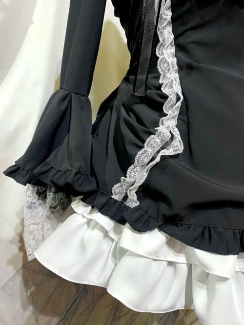 【MARBLE】マーブル リボンデコレーション・クラシックタイ付きサイドタックドレスワンピース:黒白×白レース