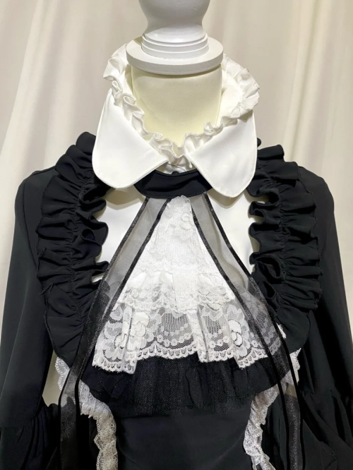 【MARBLE】マーブル リボンデコレーション・クラシックタイ付きサイドタックドレスワンピース:黒白×白レース