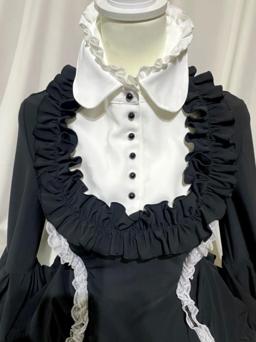 【MARBLE】マーブル リボンデコレーション・クラシックタイ付きサイドタックドレスワンピース:黒白×白レース