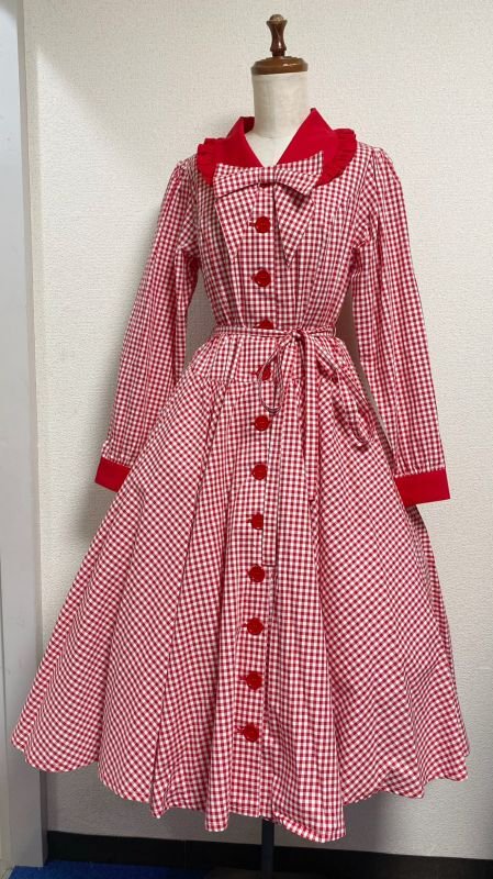 【Physical Drop】フィジカルドロップ 長袖レトロワンピース【赤ギンガム】