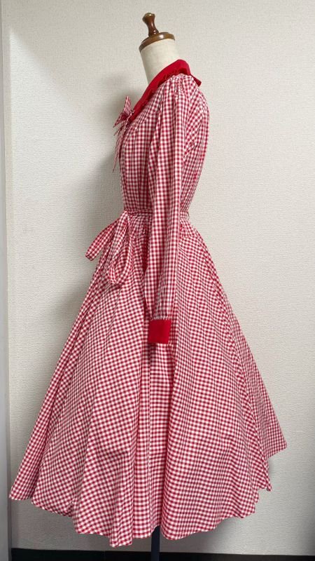 【Physical Drop】フィジカルドロップ 長袖レトロワンピース【赤ギンガム】