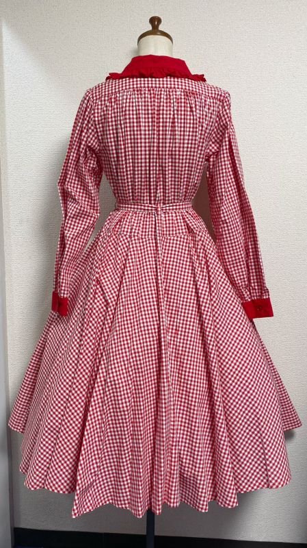 【Physical Drop】フィジカルドロップ 長袖レトロワンピース【赤ギンガム】