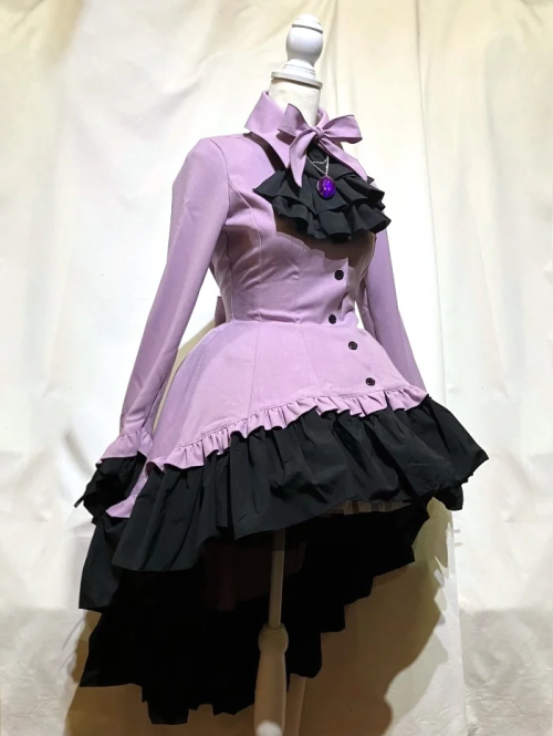 【MARBLE】マーブル ゴシック調ダイヤカットタイ付きブラウス型ワンピース:ラベンダー×紫石