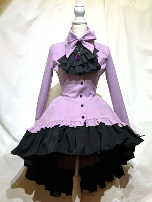 【MARBLE】マーブル ゴシック調ダイヤカットタイ付きブラウス型ワンピース:ラベンダー×紫石