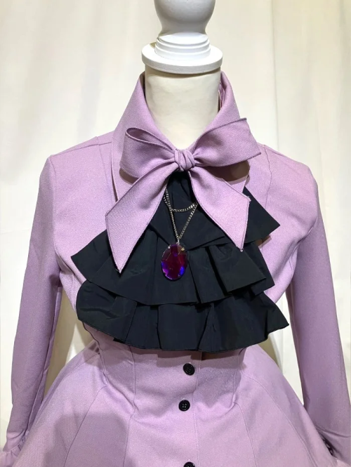 【MARBLE】マーブル ゴシック調ダイヤカットタイ付きブラウス型ワンピース:ラベンダー×紫石