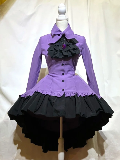 【MARBLE】マーブル ゴシック調ダイヤカットタイ付きブラウス型ワンピース:紫×紫石