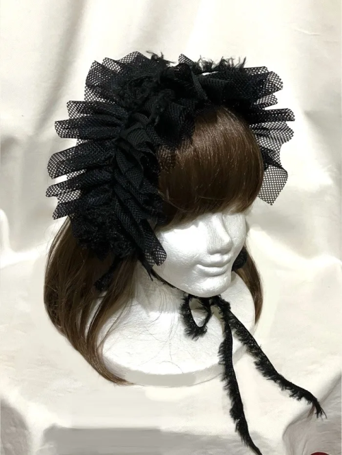 【MARBLE】マーブル フリンジリボンフリルヘッドドレス 黒ネット