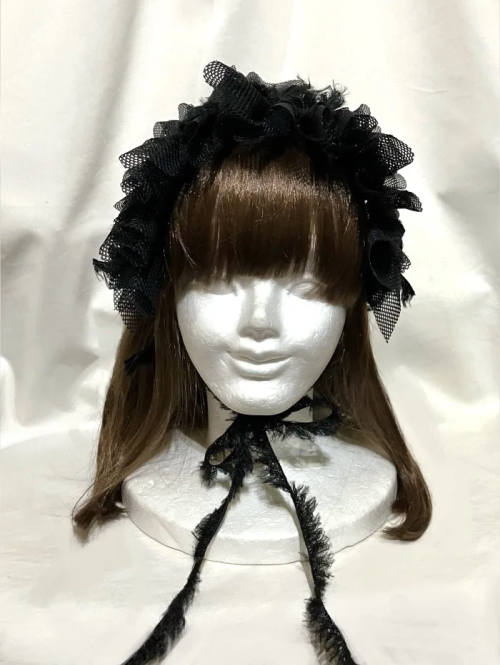 【MARBLE】マーブル フリンジリボンフリルヘッドドレス 黒ネット