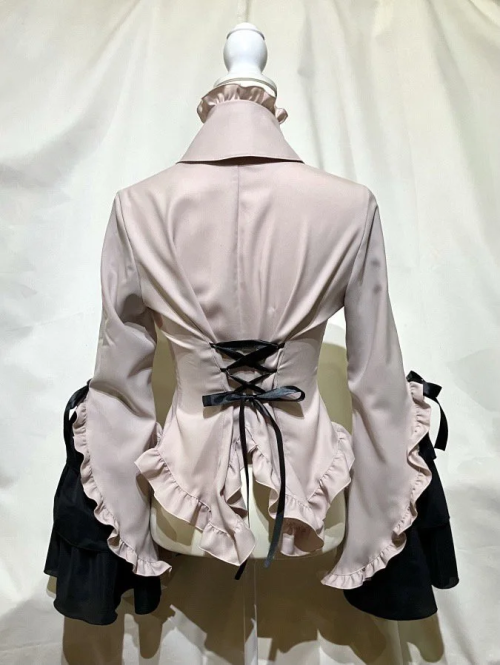 【MARBLE】マーブル カメオタイ付き後編み上げブラウス:グレイッシュピンク×黒