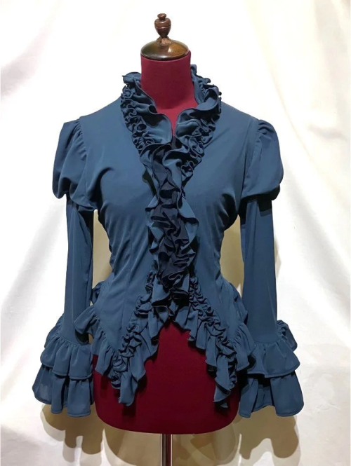 【MARBLE】マーブル フルブレームパフスリーブカーディガン:青ニット