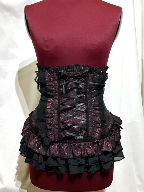 【MARBLE】マーブル 総フリル編み上げコルセット:えんじ黒バラ柄