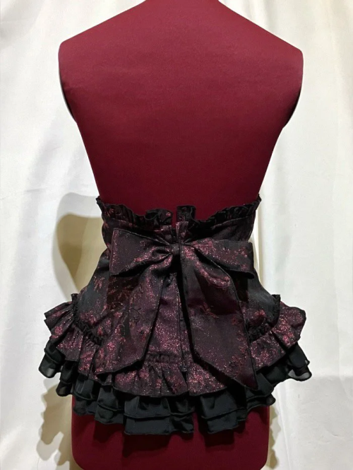 【MARBLE】マーブル 総フリル編み上げコルセット:えんじ黒バラ柄
