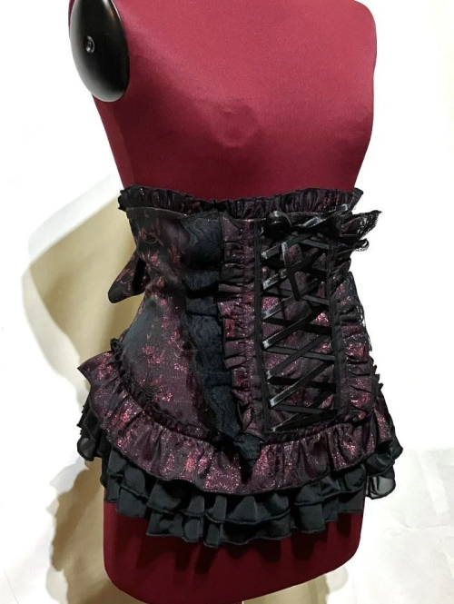 【MARBLE】マーブル 総フリル編み上げコルセット:えんじ黒バラ柄