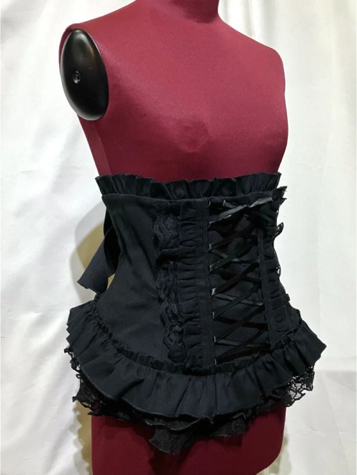 【MARBLE】マーブル 総フリル編み上げコルセット:黒×黒レース