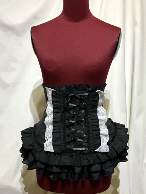 【MARBLE】マーブル 総フリル編み上げコルセット:黒×白レース