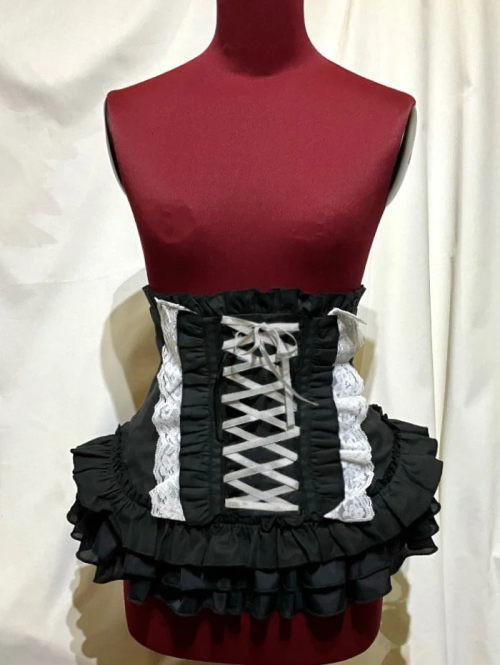 【MARBLE】マーブル 総フリル編み上げコルセット:黒×白レース×白リボン★Lサイズ★