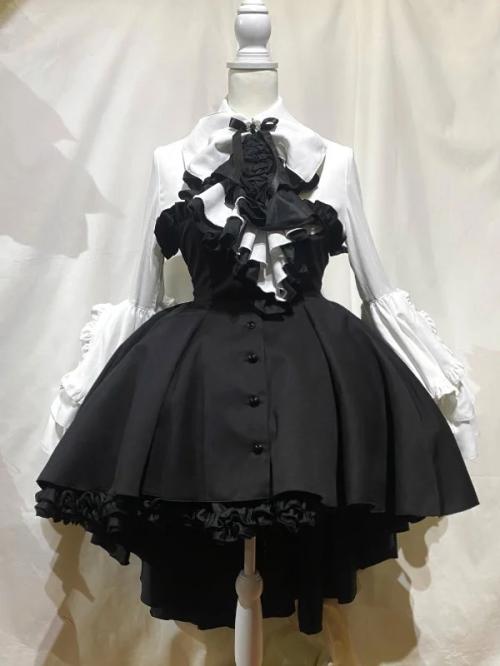 【MARBLE】マーブル ドレープタイ付きゴシックエレガンスブラウスワンピース:白×黒