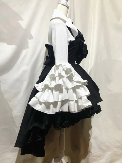 【MARBLE】マーブル ドレープタイ付きゴシックエレガンスブラウスワンピース:白×黒