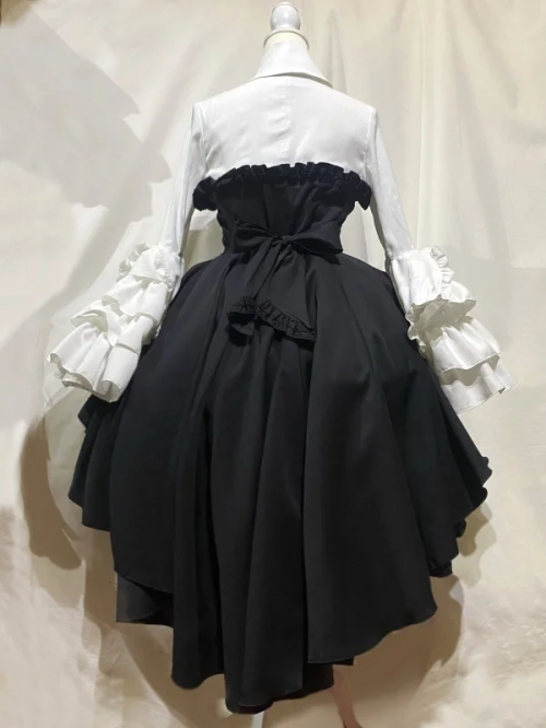 【MARBLE】マーブル ドレープタイ付きゴシックエレガンスブラウスワンピース:白×黒