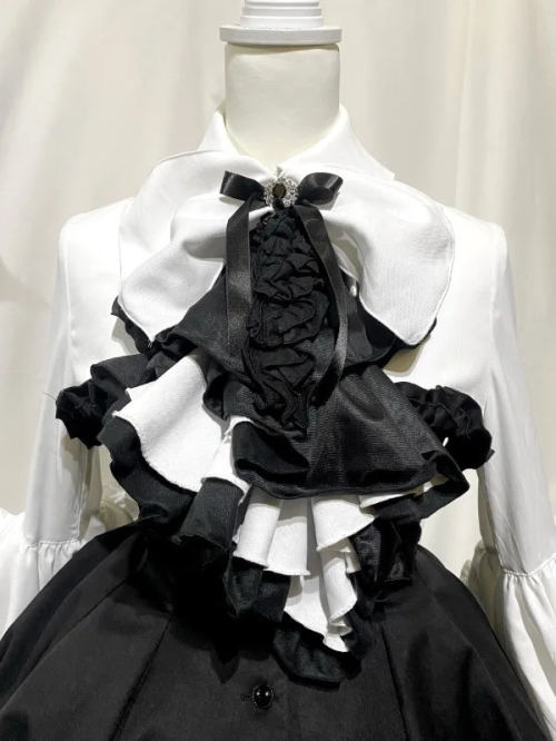 【MARBLE】マーブル ドレープタイ付きゴシックエレガンスブラウスワンピース:白×黒