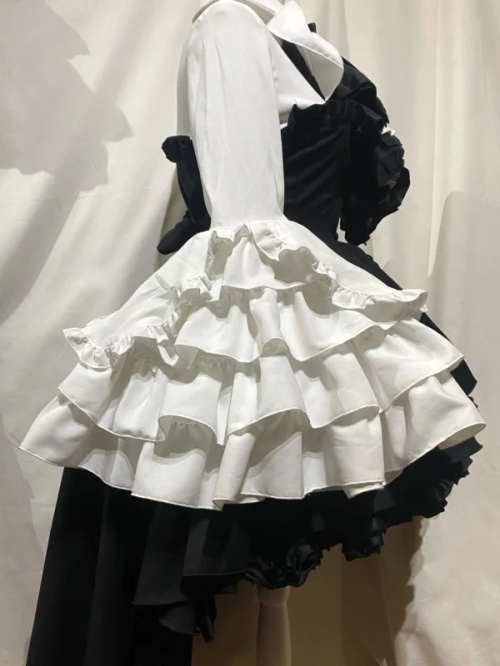 【MARBLE】マーブル ドレープタイ付きゴシックエレガンスブラウスワンピース:白×黒