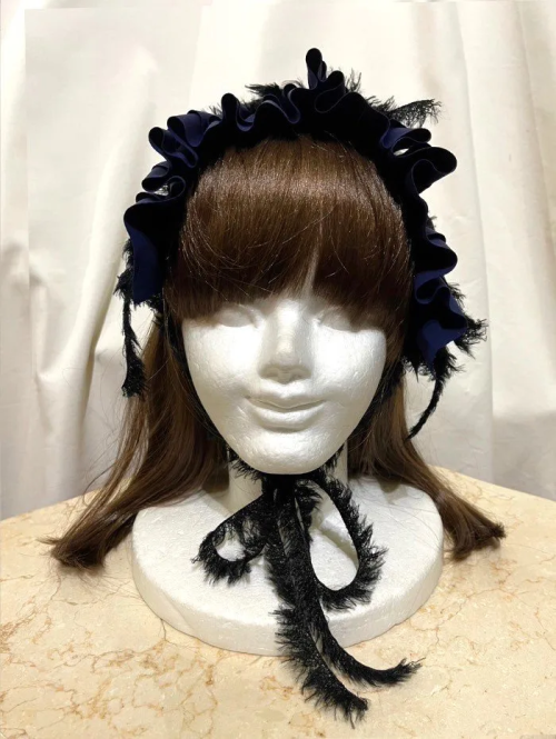 【MARBLE】マーブル フリンジリボンフリルヘッドドレス 青紺