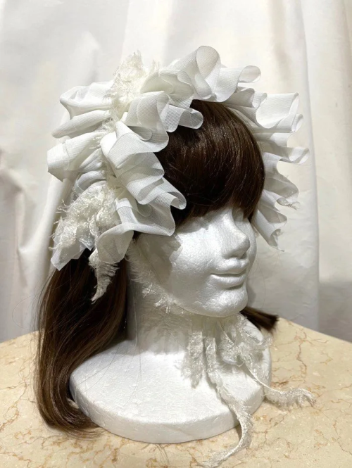 【MARBLE】マーブル フリンジリボンフリルヘッドドレス 白トリコット