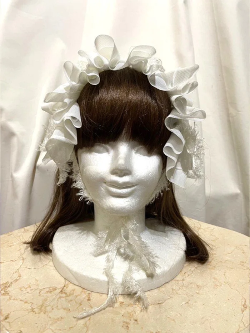 【MARBLE】マーブル フリンジリボンフリルヘッドドレス 白トリコット