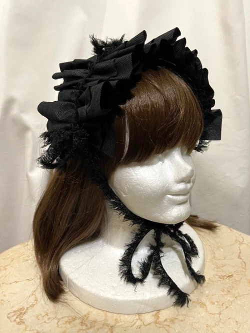 【MARBLE】マーブル フリンジリボンフリルヘッドドレス 黒不織布