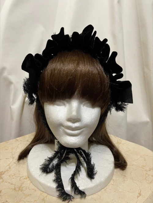 【MARBLE】マーブル フリンジリボンフリルヘッドドレス 黒不織布