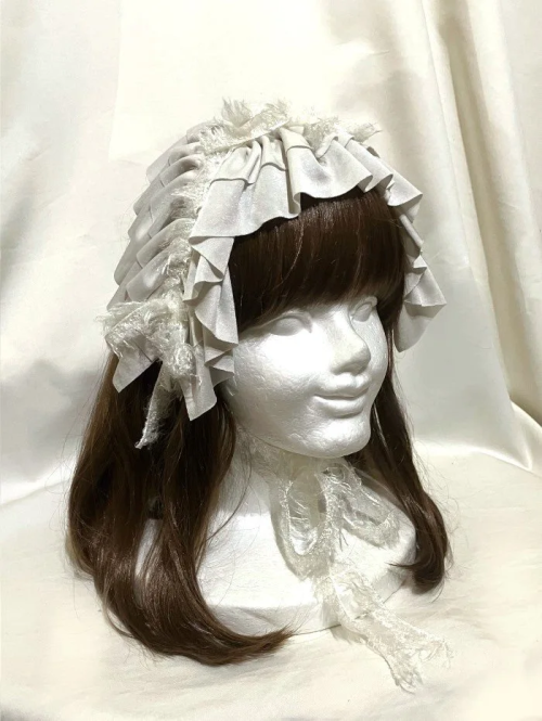 【MARBLE】マーブル フリンジリボンフリルヘッドドレス 白グレーニット